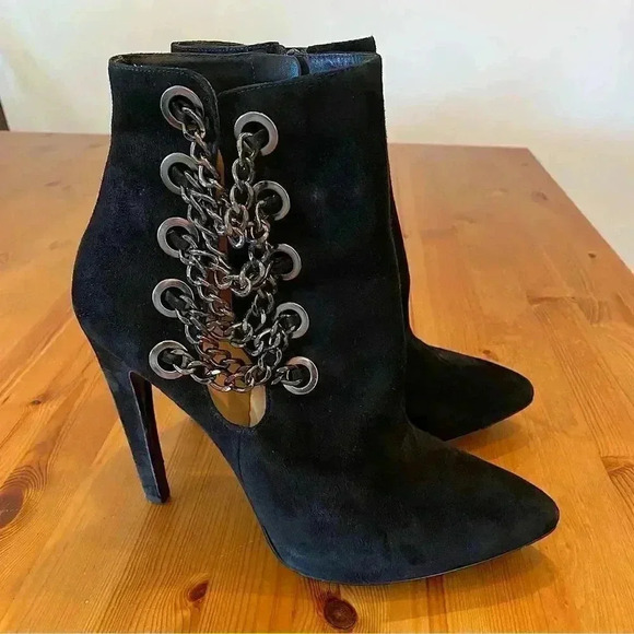 Via Spiga Yolanda Heel Booties Chain Stud Leather Suede Edgy Mobwife - Picture 5 of 11